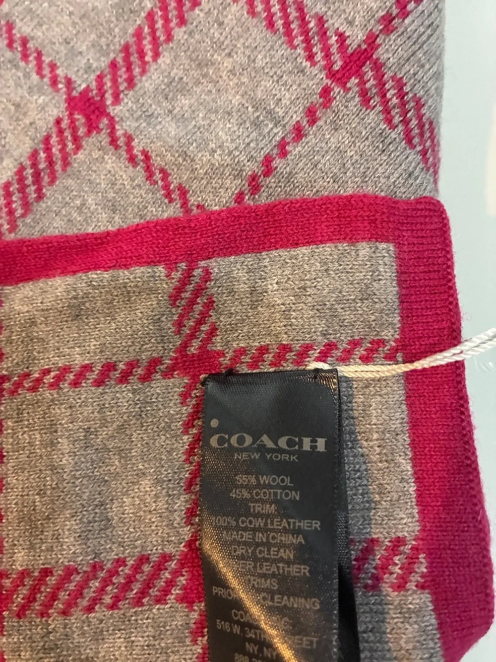 Coach Red and Gray Windowpane Wool Scarf - Picture 10 of 12